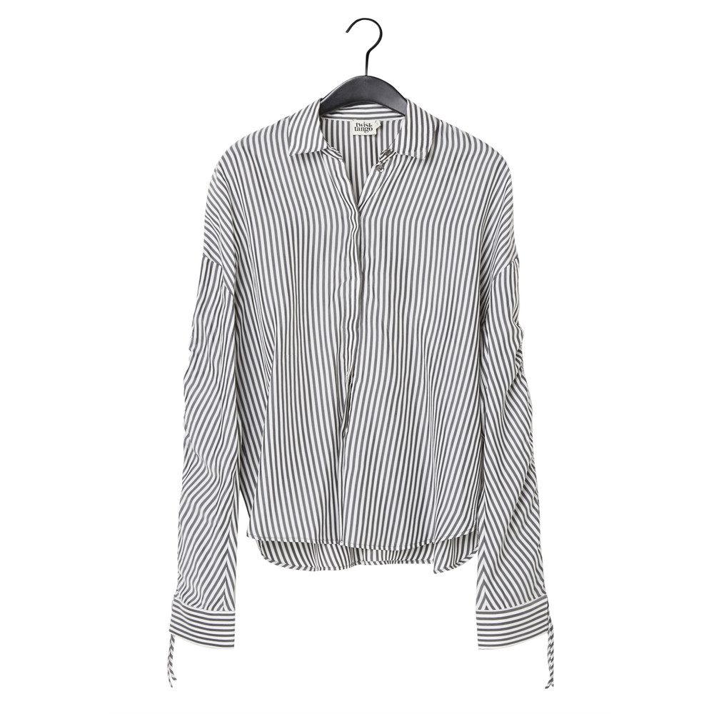 Grey and white striped blouse clearance